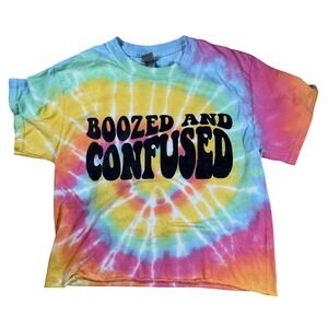 Boozed and Confused Tie Dye‎ Graphic T Shirt Gildan Women's Small Rainbow Hippie